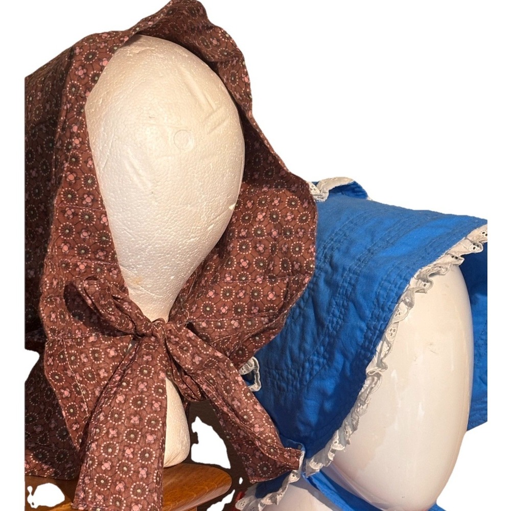 (2) Pioneer Prairie Bonnets Cotton Lace Blue Brown Floral Handmade VTG Trek GUC